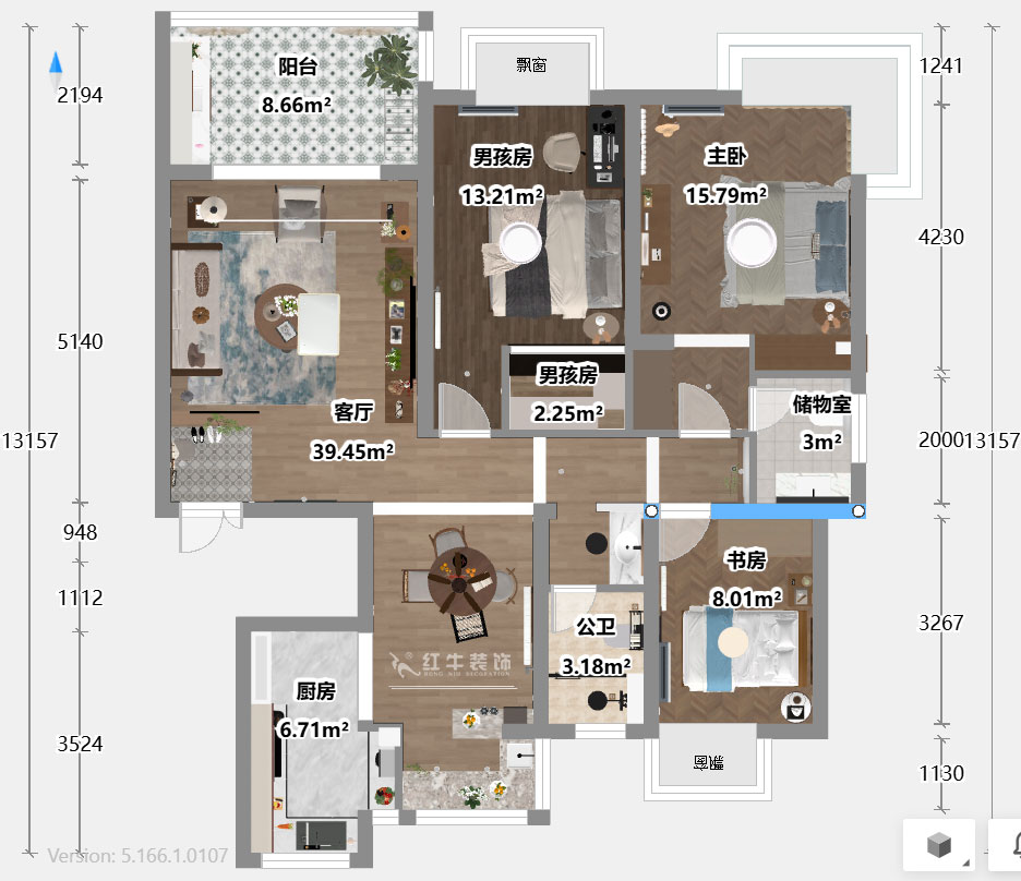 魏利利｜澳丽嘉园6-1004-128㎡-现代中古风｜3室2厅2卫｜老房改造｜定制家｜全包17万｜00_03平面彩图
